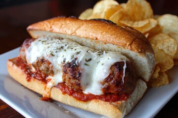 Meatball Parmesan Sub. Savory Meatballs in Marinara Sauce with Melted Mozzarella on Toasted Bun
