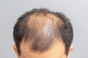 Obraz premium Medical Background. Closeup Young Man with Hair Loss Problem on White Backdrop for Health Care and Shampoo Product Concept