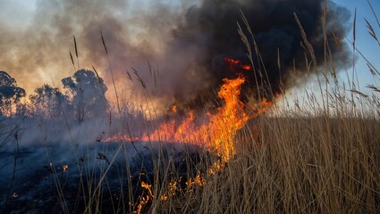 Fototapeta premium Wildfire burning through dry grassland and forest with thick black smoke and intense flames.