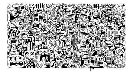 Fototapeta premium Chaotic Doodle Crowd: A Black and White Monster Mashup Extravaganza