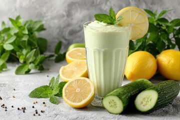 Fototapeta premium Refreshing cucumber lemon smoothie with fresh mint and ingredients