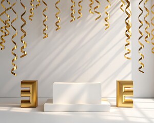 A white rectangular podium stands between two gold block letters E, with gold streamers hanging above