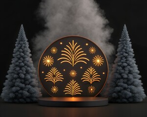Dark Festive Scene with Glowing Firework Motifs on a Pedestal Between Two Frosted Christmas Trees celebration