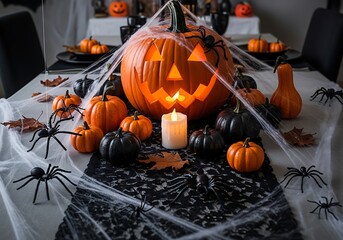 Halloween Table Setting with Pumpkins, Spiders, and Cobwebs for a Festive Celebration.