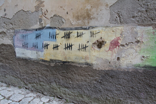 Tally Marks Street Art on Weathered Wall &ndash; Urban Decay Texture, Apice, Italy