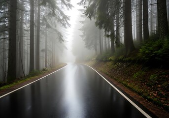Road Through Misty Forest - A Serene and Atmospheric Journey.