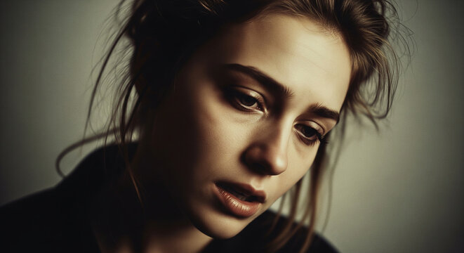 Intimate, low-key close-up portrait of a young woman with a somber, worried expression. Captures raw emotion, anxiety, or deep thought. Film grain effect.