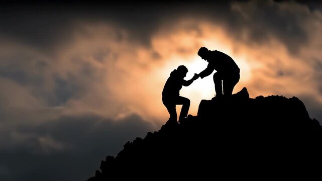 Two climbers silhouetted against a dramatic sunset, illustrating teamwork and perseverance on a mountain - Powered by Adobe