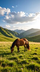 A lone brown horse grazes peacefully in a vibrant green meadow, with rolling hills and a cloudy blue sky in the background, bathed in sunlight