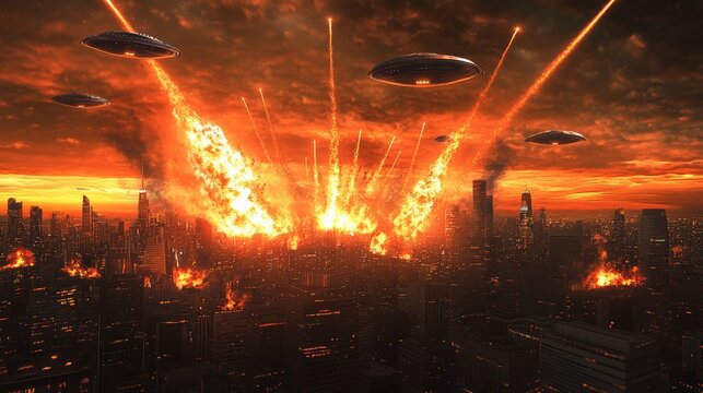 Several alien spaceships are attacking a futuristic city with powerful laser beams, causing widespread destruction and setting buildings ablaze during a dramatic sunset