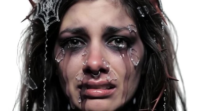 Woman's Dramatic Makeup with Shattered Glass Tears and Spiderweb Crown