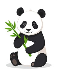 Fototapeta premium A chubby cartoon panda sits with bamboo stalks in its paws, large eyes focused. Its fur is black and white, cute and smiling on a white backdrop