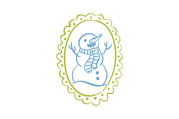 Cute hand drawn snowman with scarf and carrot nose in an oval frame illustration Design