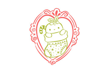 Cute kawaii Christmas character peeking out of a stocking Doodle in a Decorative Heart Frame Illustration Design