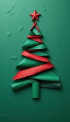 Artistic minimalist Christmas tree crafted from colorful paper ribbons, celebrating holiday spirit with clean design and festive charm.
