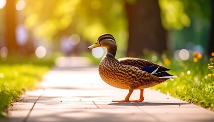A lone duck stands on a brick pathway in a park, bathed in warm sunlight. The setting is bright, blurred green foliage in the background