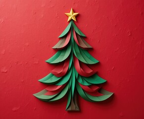 Artistic minimalist Christmas tree crafted from colorful paper ribbons, celebrating holiday spirit with clean design and festive charm.