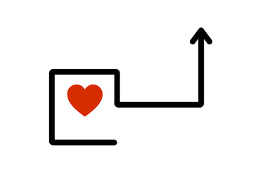 A simple line-art path that starts at a corner enclosing a red heart and then moves forward and upward, ending in an arrow  on transparent background