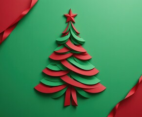 Artistic minimalist Christmas tree crafted from colorful paper ribbons, celebrating holiday spirit with clean design and festive charm.