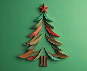 Artistic minimalist Christmas tree crafted from colorful paper ribbons, celebrating holiday spirit with clean design and festive charm.