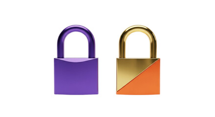 Isolated security padlocks with a modern design and vibrant purple and gold with orange trim