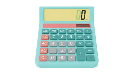 Isolated turquoise calculator with a yellow display on a neutral setting, for mathematical tasks