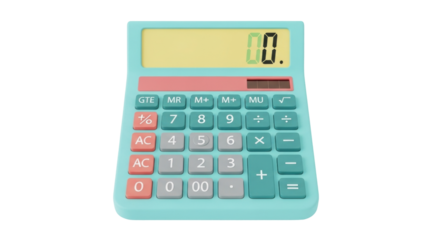Isolated turquoise calculator with a yellow display on a neutral setting, for mathematical tasks