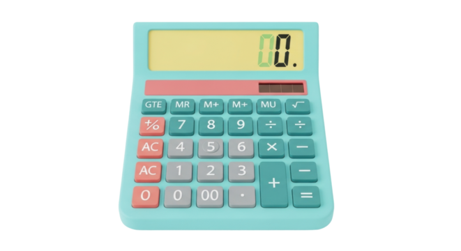 Isolated turquoise calculator with a yellow display on a neutral setting, for mathematical tasks