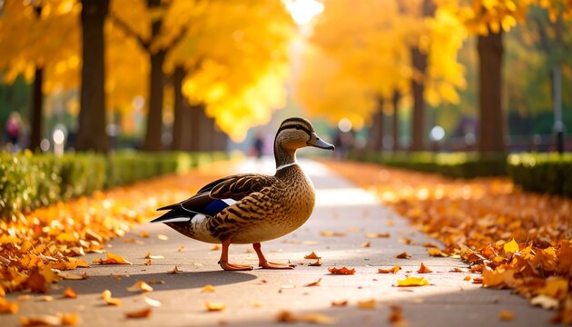A lone duck strolls along a paved path lined with vibrant, autumnal trees, with fallen leaves scattered across the ground