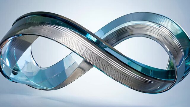 Intertwined 3D M&ouml;bius strips transparent glass reflective silver metal, spinning endlessly futuristic infinite loop symbolism. Strong technology, business, infinity network-related