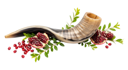 Shofar with pomegranates and greenery isolated on transparent background
