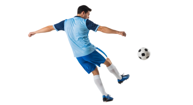 Soccer Player Kicking Ball Mid-Air Action Sports Activity Outdoor White Background Side View