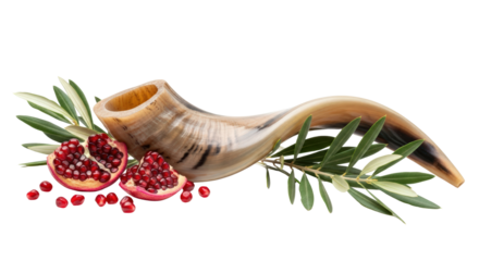Shofar pomegranate and olive branches isolated on transparent background