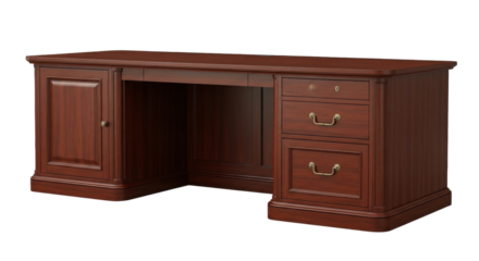 Isolated wooden executive desk with drawers and cabinet for home or office use, furniture