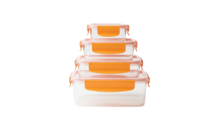Isolated stack of clear plastic food containers with orange lids for kitchen storage