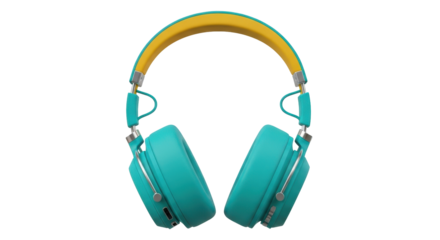 Isolated turquoise and yellow headphones on a plain backdrop ready for media production