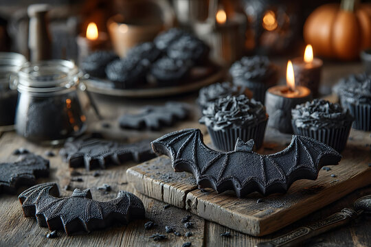 Halloween Bat-Shaped Treats and Candles on Rustic Table for Spooky Decor and Festive Atmosphere