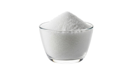 Isolated mound of white granules in a clear glass bowl, ready to use for baking, cooking, science