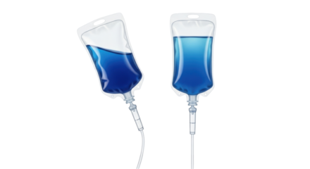 Isolated IV fluid bags, blue liquid for medical treatment, hydration solution, hospital equipment