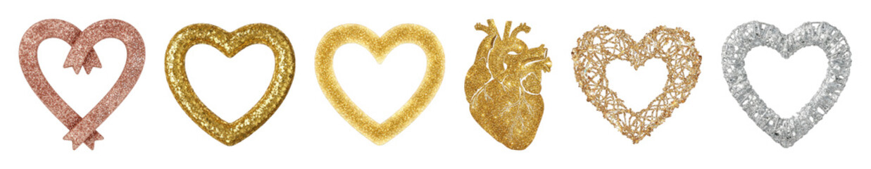 Glitter heart set including rose gold, golden, silver, textured, and anatomical shapes isolated. Celebration and romance decoration.