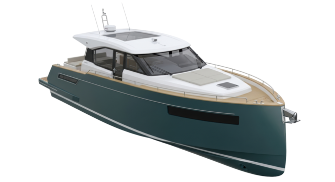 Isolated stylish modern boat sailing on smooth seas, luxury yacht on the waves, ocean travel