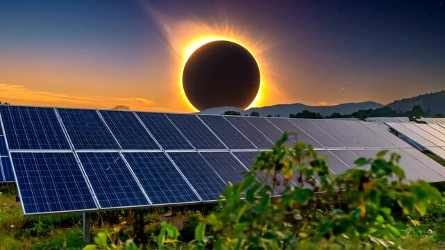 Solar panels capture light during a stunning total solar eclipse event.