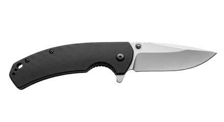 Isolated tactical folding knife with black handle and silver blade, for defense and survival