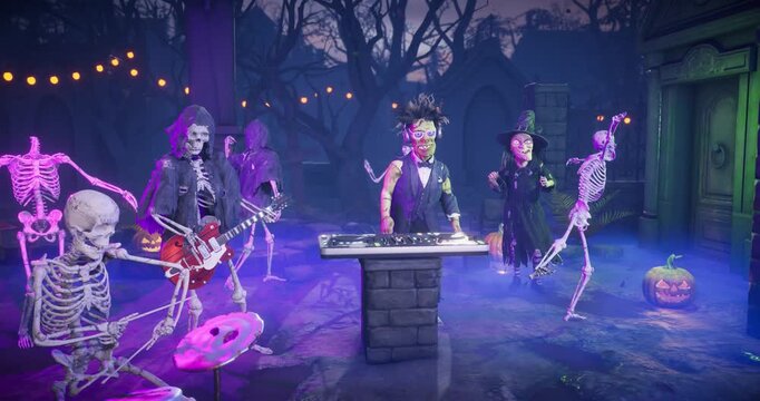 Halloween party. Frankenstein DJ at the mixing console, dancing spooky skeletons in a haunted graveyard. 3D animation for greeting cards, invitations, posters, holiday events, parties