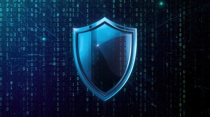 Fototapeta premium Cybersecurity concept illustrating data protection and internet privacy with a futuristic glowing shield over a digital binary code background