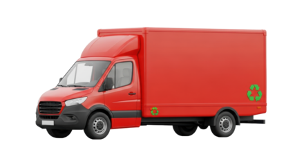 Isolated red delivery truck with green recycling symbol for waste management transport