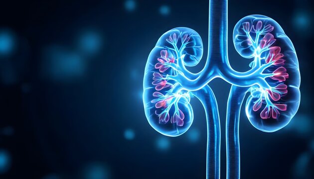 Illustration of human kidneys with blood vessels, displayed in blue against a dark background with bokeh effects.