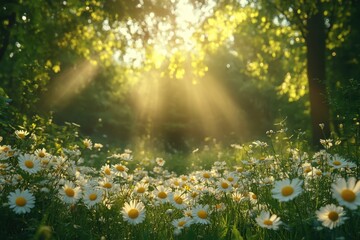 Obraz premium Sunlight filtering through trees illuminating a field of daisies in a serene forest setting