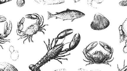 A seamless pattern featuring various seafood illustrations including fish, crabs, lobsters, and shellfish in a blue and white color scheme