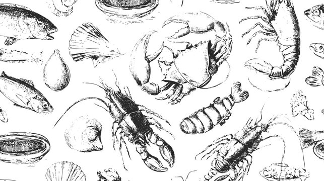 A seamless pattern featuring various seafood illustrations including fish, crabs, lobsters, and shellfish in a blue and white color scheme